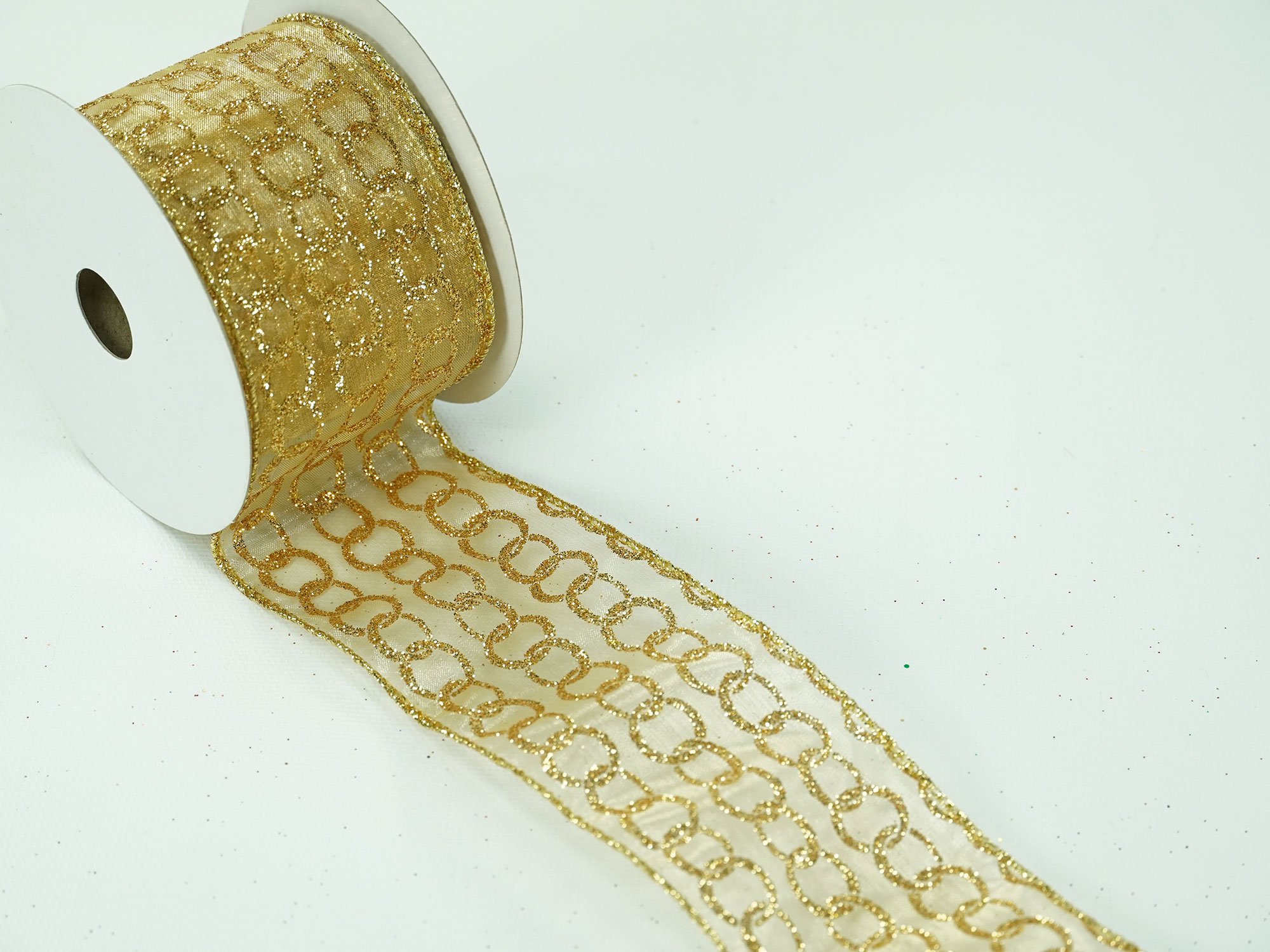 Wired Christmas Ribbon w/ Gold Edges Sheer Gold Glitter Ring / Chain